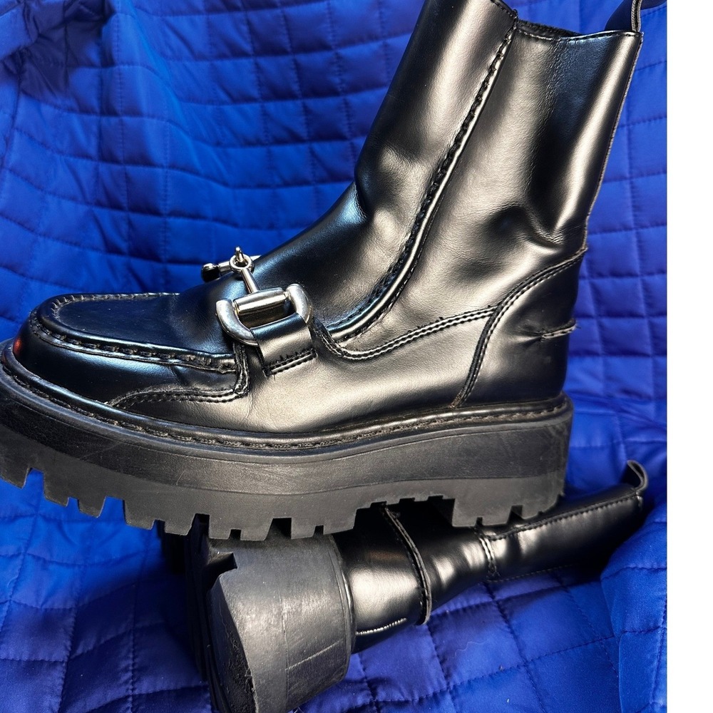 H&M Women's Black Patent Leather Lug Sole Ankle Boots Equestrian Size 8 Platform